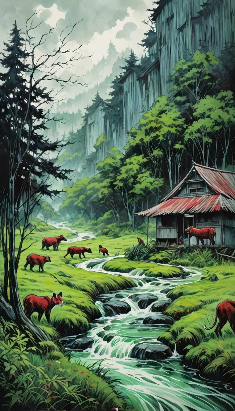 artist by Junji Ito,inside the village,wild animals,light tones,(smooth strokes),fine sketches,Vivid,Moody,Landscapes,Fantasy,Dark,landscape oil painting, red and green colors