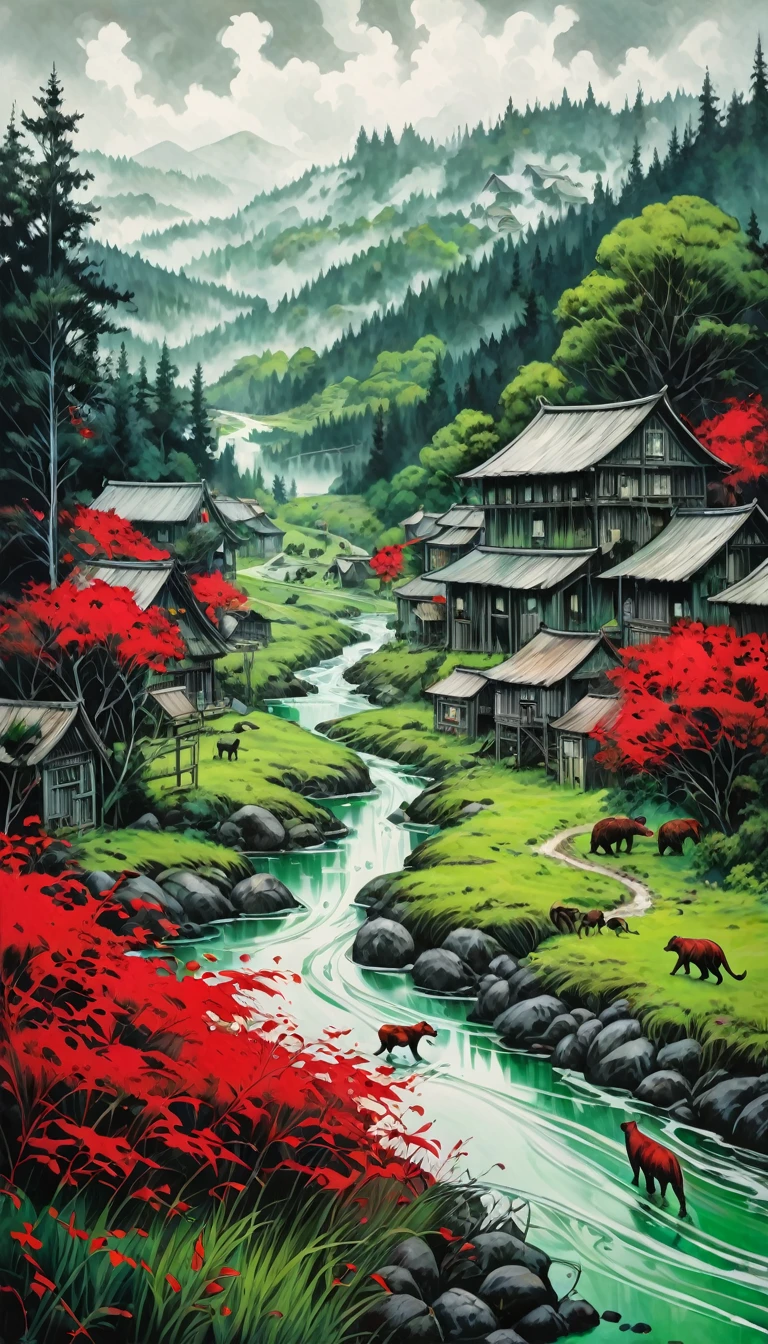 artist by Junji Ito,inside the village,wild animals,light tones,(smooth strokes),fine sketches,Vivid,Moody,Landscapes,Fantasy,Dark,landscape oil painting, red and green colors