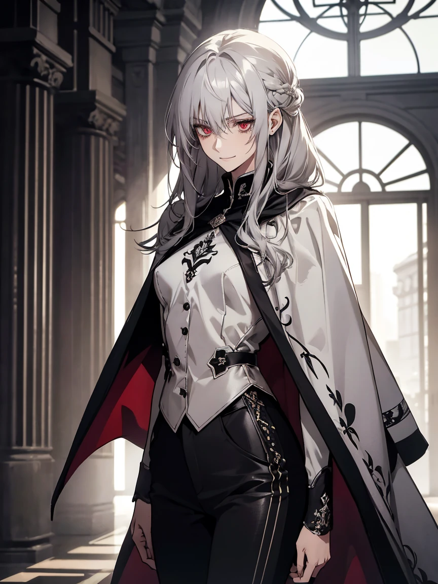 (Confused, High resolution, Very detailed), 1 female, Silver Hair,Long Hair,Knot,Hair tied at the nape,Crimson Eyes,Black and white clothes,27th generation,beauty,mature,thin,quiet,Small smile,Cape,Slender and thin,boots,skinny pants,lobby,Small breasts,
