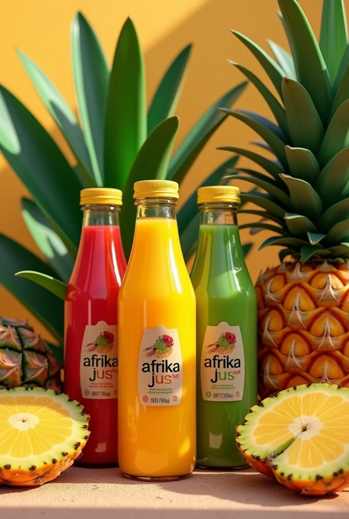 Generate me a 3d image of three different colored juice bottles with background, the head of a pineapple plant and some fruit placed at the foot of the bottles, with the name Afrika Jus written on the bottles. 