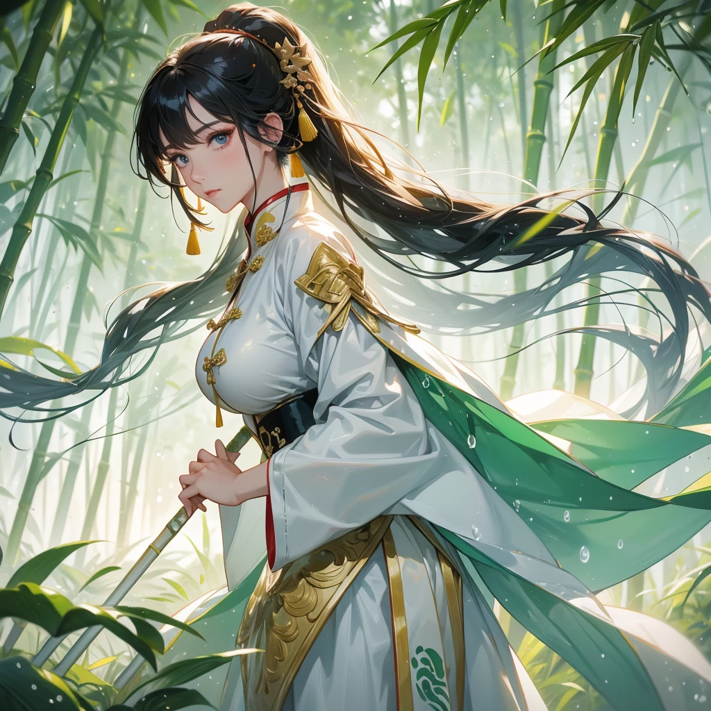 A beautiful female general holding a big spear in white ancient Chinese general costume, the back is a lush green bamboo forest. the air after rain has water droplets splashing around, close up.