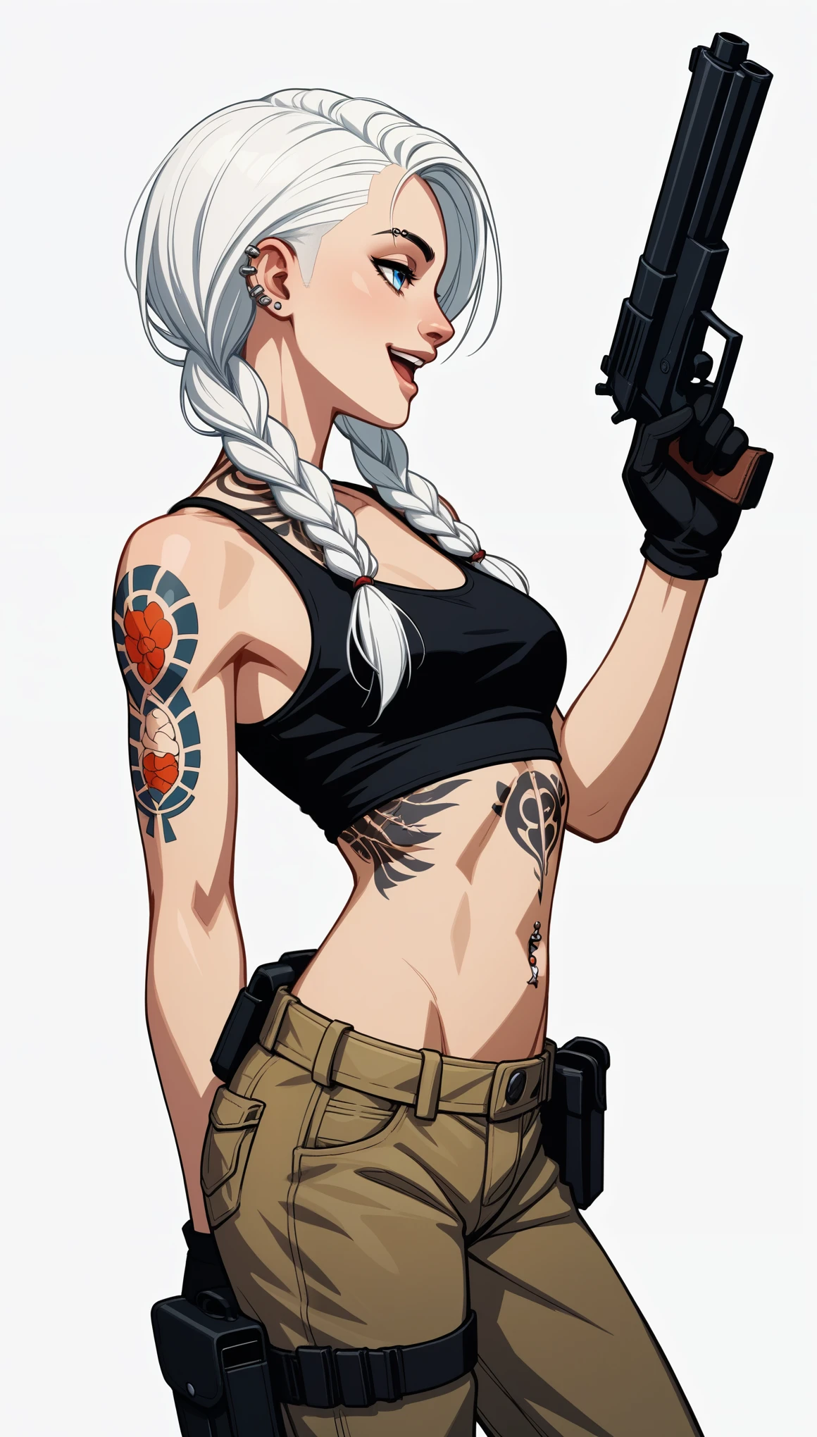 score_9, score_8_up, score_7_up, score_6_up, score_5_up, score_4_up, BREAK source_anime, source_anthro, rating_safe, [rating_explicit],

(Sexy Woman), to stand, (The upper part of the body), top quality, ​(1girl), (White background), (a white girl) ,animesque, 2D, (white  hair), blue eyes, albino, Tank top, Lots of piercings, long leather gloves without boots, (half_buzzcut_Hairstyle:1.3), Tattoos all over the body, Cargo pants, Tattoo on the neck, Tattoo on the stomach, slender, Long braids, (gun_holster), Invincible smile, Nitanita, Opening Mouth, profile