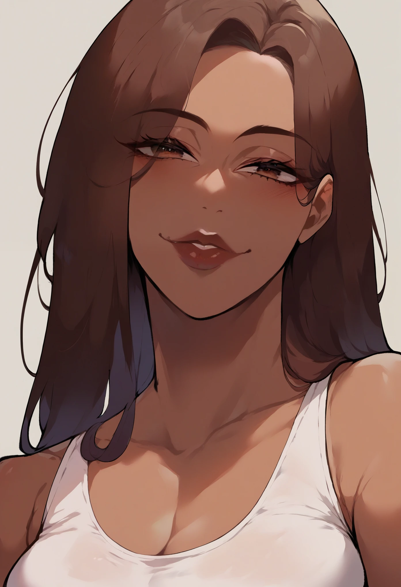 (Score_9, score_8_up, score_7_up, score_6_up), (adult, seductive face, seductive expression), close up face, portrait, Adult woman, (brown skin), long brown hair, brown eyes, crop top, , anime style, mature, full lips, confident, Nyantcha Style, source_anime, rating_explicit