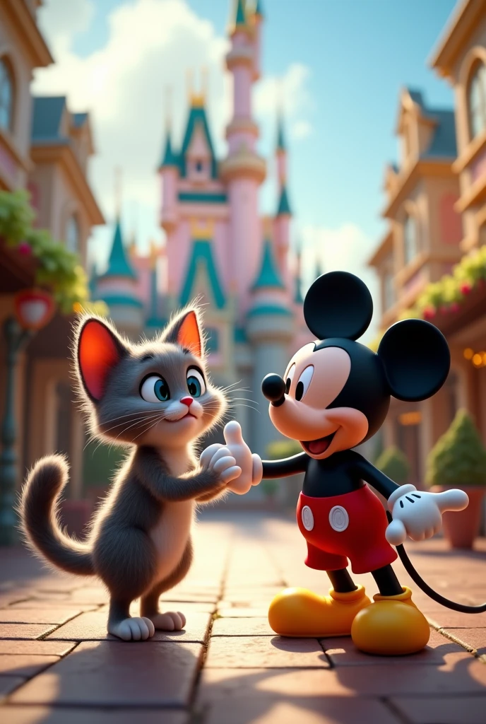 Une chat
Qui est à Disneyland avec Mikey mouse