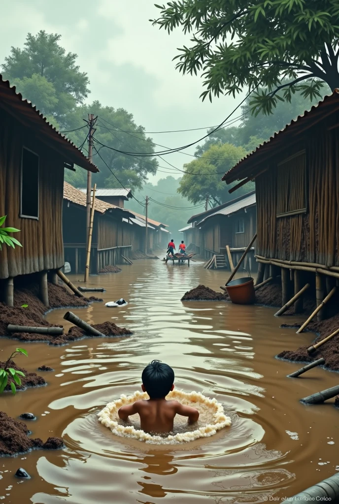 In a devastating flood scene in rural Bangladesh, muddy floodwaters surge through a village submerged under a heavy monsoon. Amidst the chaos, a small baby is caught in the currents, struggling to stay above the brown, fast-flowing water. Surrounding homes and trees are partially submerged, with rooftops barely visible above the waterline. Pieces of bamboo and household items drift by, showing the destruction caused by the relentless flooding. The sky is overcast and the air is thick with despair as villagers cry out for help, their voices echoing through the watery landscape