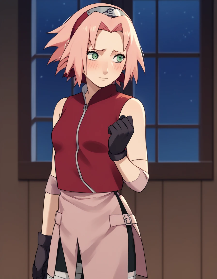 BREAK, source_anime,
1girl, haruno sakura, teenage, girl, pink hair, short hair, green eyes, small breasts, forehead protector, beautiful legs, black gloves, beautiful body, red sleeveless minidress, pink short miniskirt, shinobi boots, pink elbow warmers, knee high bandages, embarrassed, looking away, imminent hug, standing, konohagakure background. night time, Window, dark sky,