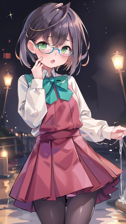 Beautiful illustrations、(8k, RAW Photos, Highest quality, masterpiece: 1.2), masterpiece, 超detailed, Ultra-high resolution, Very delicate and beautiful, 非常にdetailedな, wonderful, detailed, 非常にdetailedな目, 非常にdetailedな肌, Perfect Anatomy,cute、1 person, okinamiKC, green eyes,1girl, 独奏, short hair,shirt,dress, school uniform, white shirt, pantyhose, glasses、Sparkling eyes、Thighs, cuteポーズ,