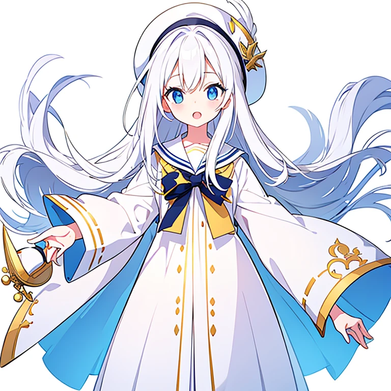 Mouth open、There is a gap on the top of the hat、Pure white background、Standing still、Hands at sides、White hat with gold decoration、Long white hair、Sailor&#39;White uniform