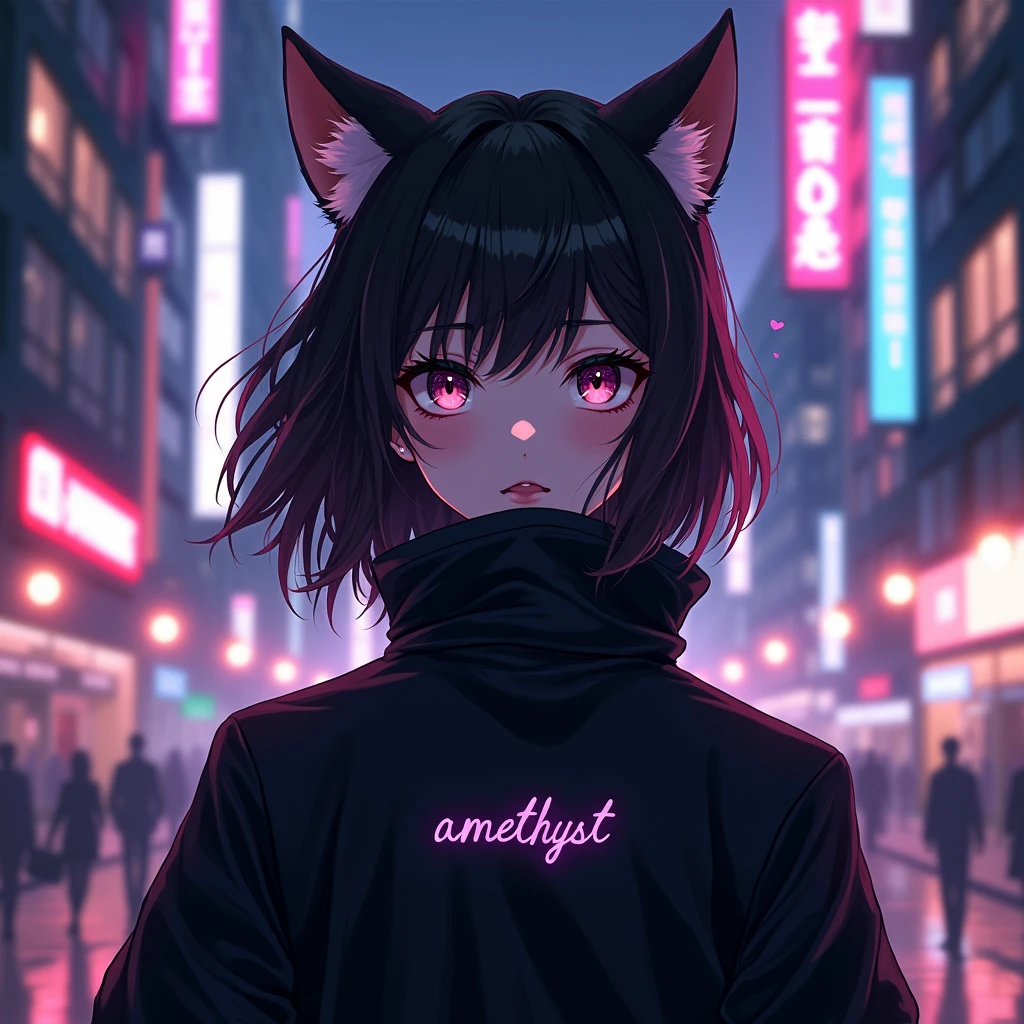 anime girl is wearing black aesthetic jacket, with cat ears and with a text "amethyst" at
the back of his clothes, while
she's looking in front, in
citylights background