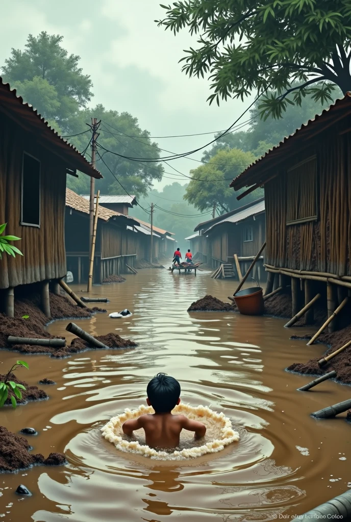 In a devastating flood scene in rural Bangladesh, muddy floodwaters surge through a village submerged under a heavy monsoon. Amidst the chaos, a small baby is caught in the currents, struggling to stay above the brown, fast-flowing water. Surrounding homes and trees are partially submerged, with rooftops barely visible above the waterline. Pieces of bamboo and household items drift by, showing the destruction caused by the relentless flooding. The sky is overcast and the air is thick with despair as villagers cry out for help, their voices echoing through the watery landscape
