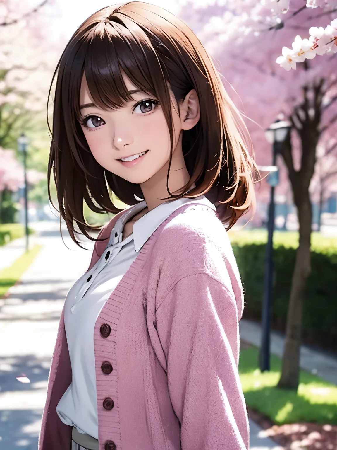 High resolution, 8k, Highest quality, detailed, Semi-realistic anime, Anime 3D Style, Smooth anime CG, One Girl, A 20-year-old Japanese woman, slim, Modeled, Shiny brown hair, detailedな顔, Beautiful and detailed, Glowing Skin, Hard Focus、Film Grain, Soft lighting, Looking at the audience, Laughter, (Pink cardigan and skirt), A tree-lined street with cherry blossom petals falling、A calm day with a spring breeze