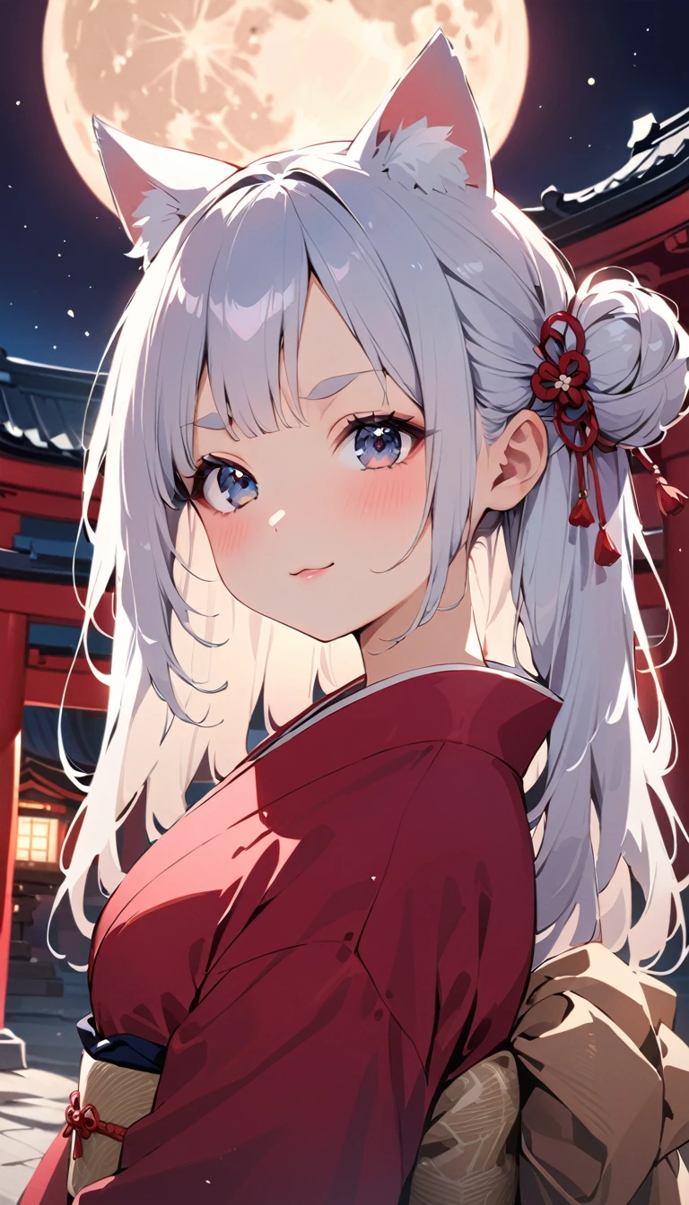 (((masterpiece, Highest quality, 1 girl with cat ears, alone, 独奏))), (((two side bun hairstyle, Long silver hair,Tie the side hair down, Very short, round eyebrows:1.8, bangs, Beautiful Eyes, Droopy eyes:1.6, Black Eyes))), (smug face, :3 face, smug face, Close your mouth, Red round cheeks, Mouth ω) View your viewers, 1, (((White and red kimono), White clogs)), Small breasts, ((Upper Body, arms behind)), from the front, full moon, Mystical Night, shrine, Many faint particles of light on the entire screen,