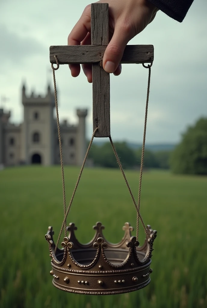 a medieval image a hand at the top of the image holding a wooden X attached by ropes to a crown, like a puppet.
below a medieval castle and a green field in the background