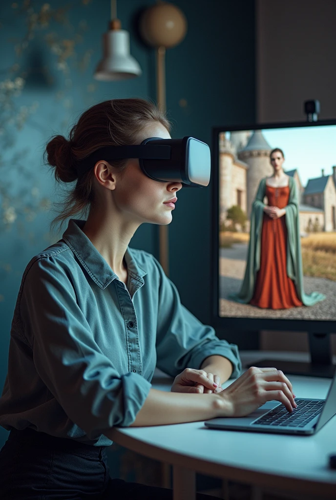 a young, beautiful and smart European woman of about 35 is sitting at her workplace. she has a confident and concentrated expression on her face. She is surrounded by modern technology. She tries on the virtual dress of a medieval queen. On one of the monitors is a picture of life in the Middle Ages. the scene represents the rapid development of new technologies and the ability to move into another world of virtual reality