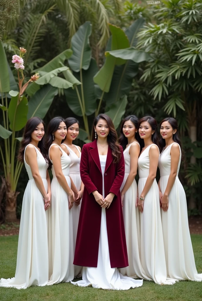 create a Filipina pictorial photo of pre wedding shoot with a bride in the middle wearing burgundy coat and 8 bridesmaid wearing all white dresses.