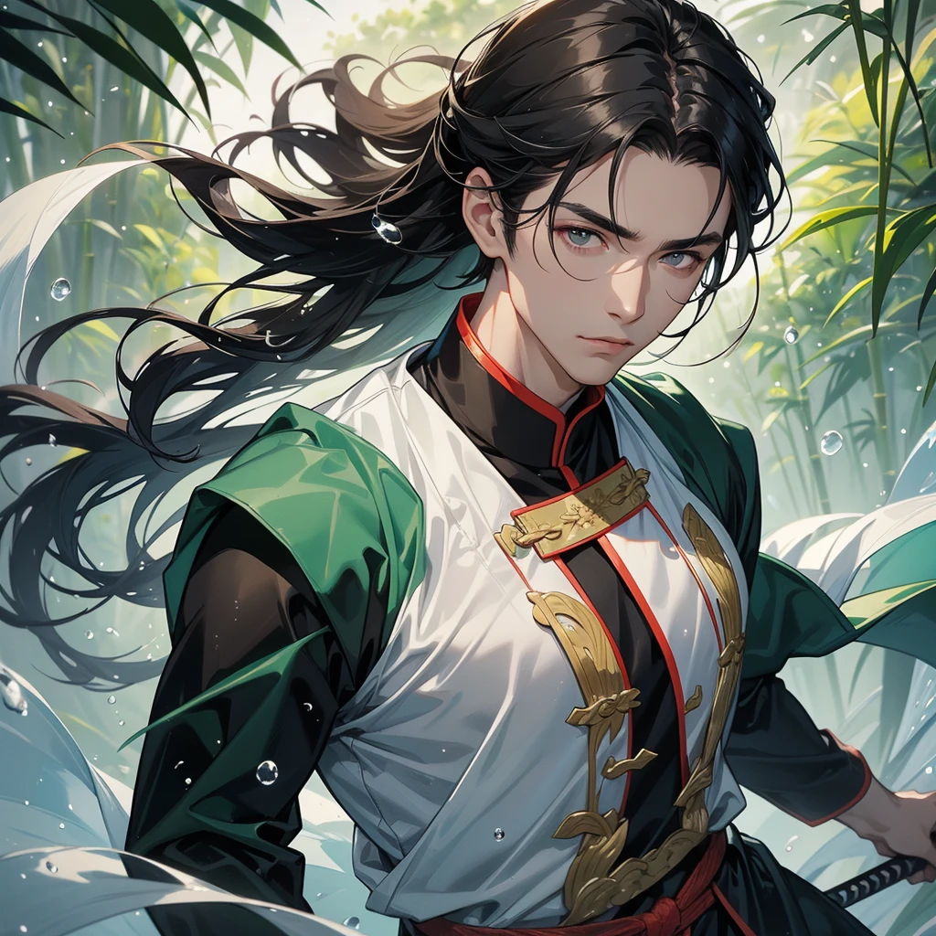 a Handsome black-haired male general holding a large sword in white ancient Chinese general costume, the back is a lush green bamboo forest. the air after rain has water droplets splashing around, close up.