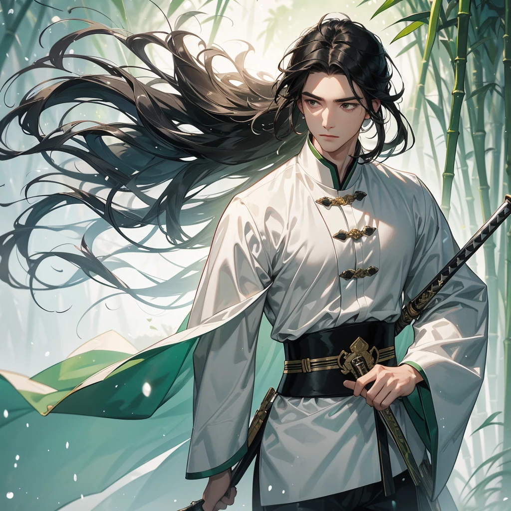 a Handsome black-haired male general holding a large sword in white ancient Chinese general costume, the back is a lush green bamboo forest. the air after rain has water droplets splashing around, close up.