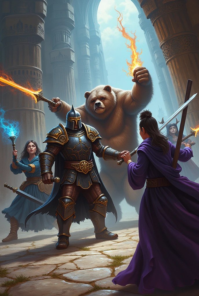 Create an image , with the characters, paladin with armor and a black helmet and with a sword in one hand and a shield in the other, an undead dwarf cleric in armor with a warhammer in one hand, a pale tiefling warlock in purple robes and a flaming sword, a mage in a blue dress casting magic and a sword in her hand, a big brown bear with half a mustache, an elf wizard wearing a blue robe firing a mystical blast, make character art in realistic style