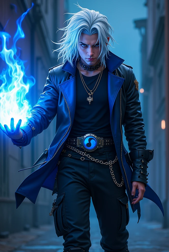 Male age 25, latin-greman, gray eyes, white hair visual kei, deep evil and cute eyes, long crazy smile, mixed royal blue and black on the leather matrix gabardine open, soft black shirt, black cargo pants, only right arm on blue flames, cyberpunk style, belt with a blue ying yang, chains around the belt, athletic, magic powers, action, cunning look, leather black boots with metal pins, black cat nails, jojo's pose, night background, uncovered head