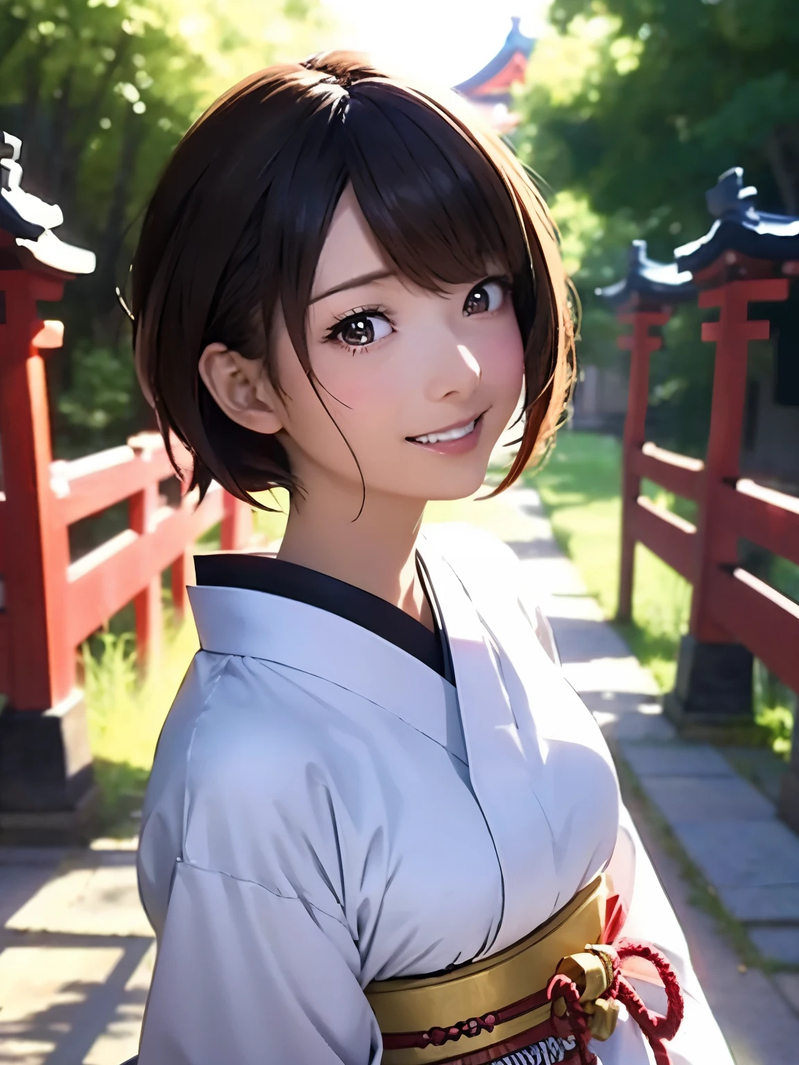 High resolution, 8k, Highest quality, detailed, Semi-realistic anime, Anime 3D Style, Smooth anime CG, One Girl, A 20-year-old Japanese woman, slim, Modeled, Shiny brown hair, detailedな顔, Beautiful and detailed, Glowing Skin, Hard Focus、Film Grain, Soft lighting, Looking at the audience, Laughter, (A woman wearing traditional Japanese clothing and sneakers), The quiet grounds of the shrine、Morning sun shining on the approach to the shrine with its towering torii gates