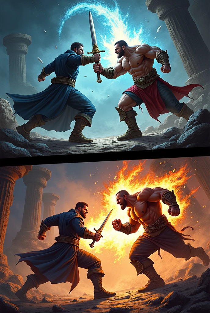 Give me a panel of  Mage with a sword  Vs  strength only fist and the next panel the strength man was using a final blow punch to mage user with a sword and win the fight and scream for a victory 