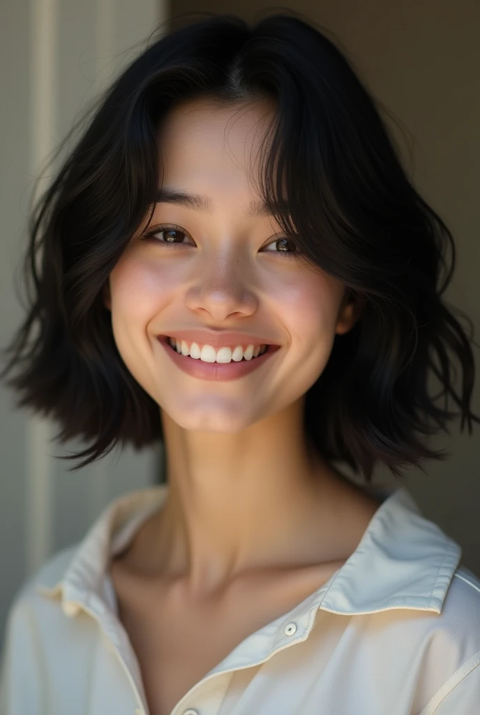 A college girl with short black wavy hair with round face