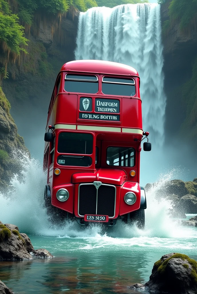 A red bus driving waterfall
