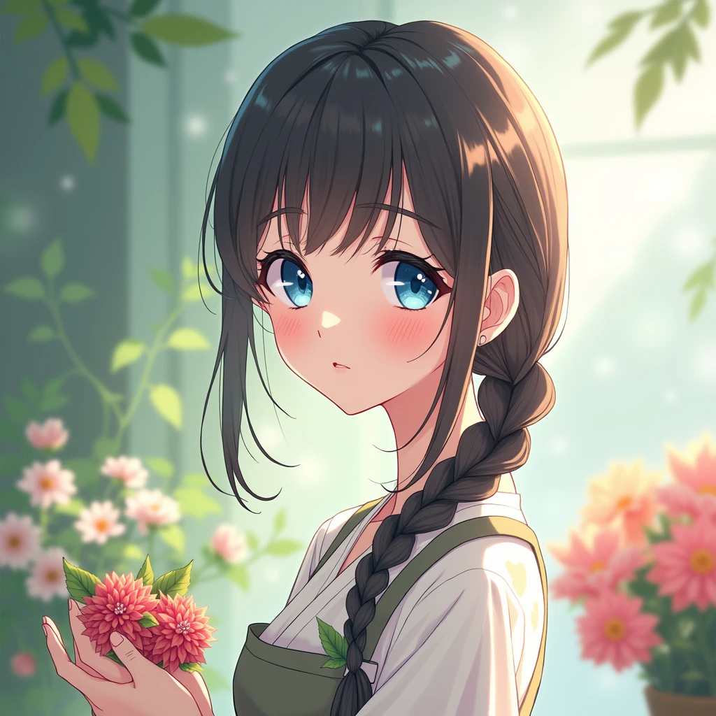 Anime Style, Character portrait, Florist,blue eyes, Single braid,