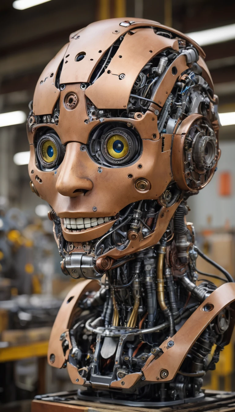 photography of a hyperkraximalism Robotic bust with happy eyes in factory, technical, comples, utopian art concept, steampunk, intricate details, best quality, masterpiece, ultra shartp, hyper realistic, realism, sfw