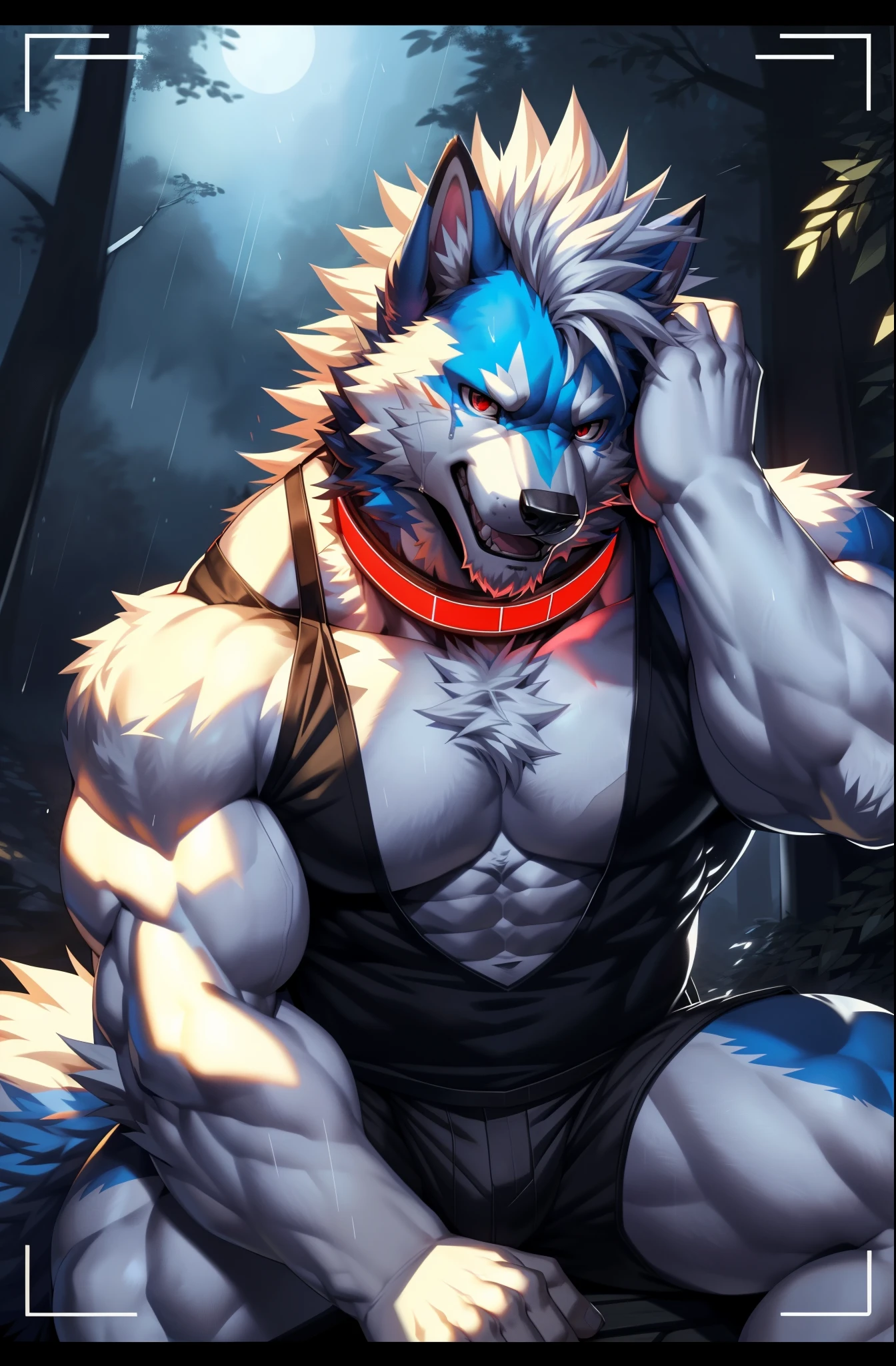 solo, anthro, furry, furry male, wolf, ((fluffy fur, fluffy, furry body)), (wolf print), red eyes, hair tuft, long hair, (light blue body, blue body, muscles), wolf tail, ((white hair, mohawk hair)), (white muzzle, white forearms), detailed fluffy fur, detailed face, detailed eyes, naked, (full body, round ass, fluffy ass, Red LED glowing collar), cyberpunk, valorant,(by DRKS, by raccoon21, by Sollyz, by null-ghost, masterpiece, high quality,hi res,8k hd), close-view portrait, looking at viewer, night, indoors,, cute face, open mouth, teeth, detailed teeth, sleepy expression, laying in large bed, king sized bed, covers half on, Blue LED Room Lighting, Heavy Shadows, Window, Top Down View