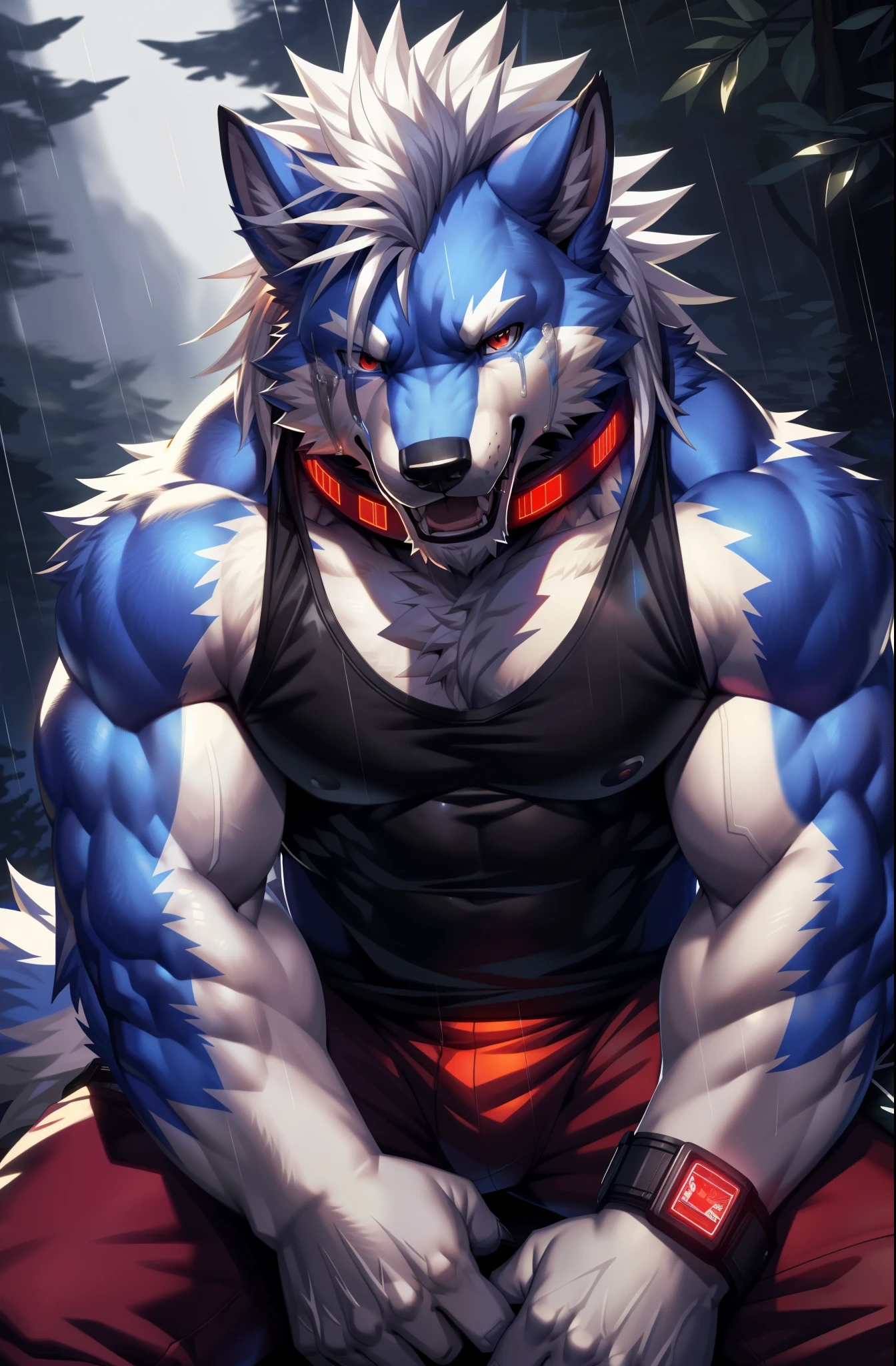 solo, anthro, furry, furry male, wolf, ((fluffy fur, fluffy, furry body)), (wolf print), red eyes, hair tuft, long hair, (light blue body, blue body, muscles), wolf tail, ((white hair, mohawk hair)), (white muzzle, white forearms), Crying, tears across face, sobbing, in tears, sitting in the dark, hands rubbing face, sitting curled up, curled sitting, dark forest, large forest, fantasy forest, deep forest environment, Camera Recording POV, Camera POV, security footage pov, detailed fluffy fur, detailed face, detailed eyes, black tank top, smaller arms (full body, round ass, fluffy ass, Red LED glowing collar), cyberpunk, valorant,(by DRKS, by raccoon21, by Sollyz, by null-ghost, masterpiece, high quality,hi res,8k hd), close-view portrait, looking at viewer, night, outdoors, dark woods, cute face, open mouth, teeth, detailed teeth, crying expression, raining, dreary night, camera view angled from above, heavy shadows, athletic build,