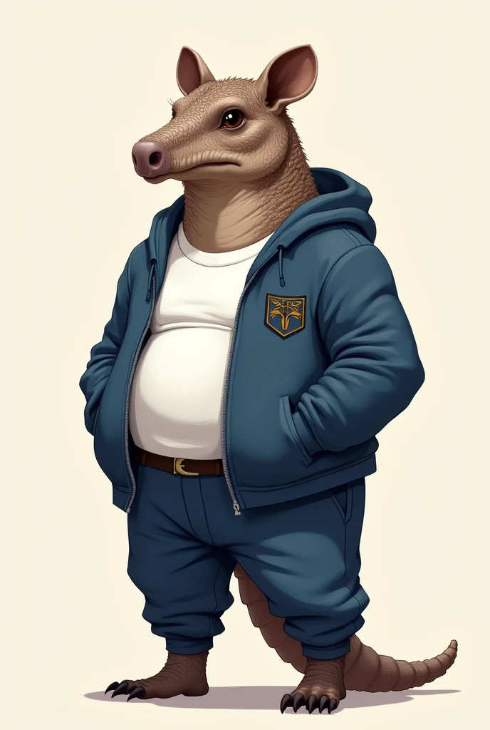 Create an armadillo with a uniform that has blue pants, blue sweatshirt and white t-shirt