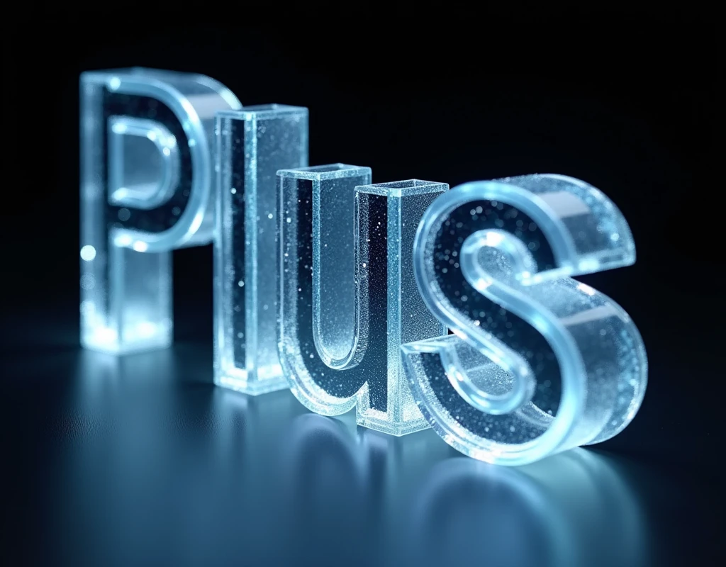 Glass letters are p l u s, transparent, Looking up from the bottom left, HD