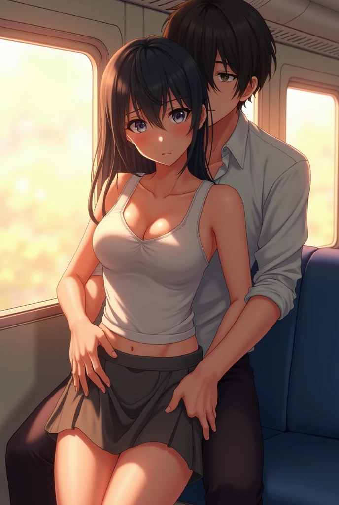 ((Highest quality, 8k, RAW Photos, masterpiece :1.3)), (Reality Photos:1.37)、Very detailed、Ultra-high resolution, ((From above:1.2)),((Full body photo)),Small breasts、Perfect Face、Beautiful expression、Beautiful Face、Beautiful Eyes、1 high school girl、Nogizaka-style beautiful girl:1.4,Real-life beautiful girl、Beautiful black hair、(No bra、Sleeveless camisole:1.2、The shoulder straps are slipping and falling off.、Shoulders exposed:1.3,mini skirt）、The bright interior of a train with sunlight streaming in、((((A woman leaning against a man、Man hugging woman from behind、Men touch women's breasts：1.3、A man lifts a woman&#39;s skirt to see her panties：1.2、Button-down shirt：1.2))))、caress、Embarrassing expression、Blushing、The man has a vulgar look、Man hugging