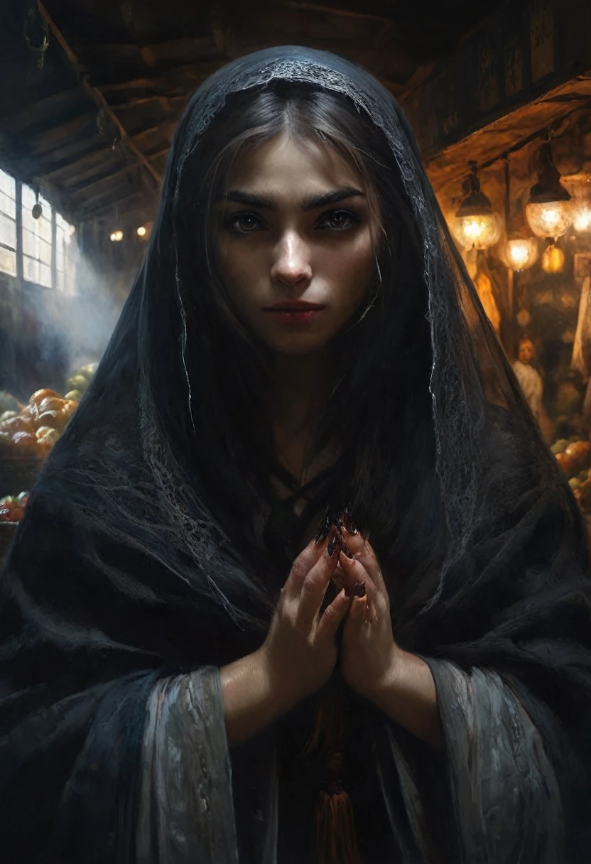 painting of a werewolf girl in the market of the eastern city at noon, hides her face behind a veil, cunning cat-like glowing eyes and long sharp animal claws on hands, dark atmosphere, cinematic scene, volumetric lights, ultra realistic, in the style of nicola samori