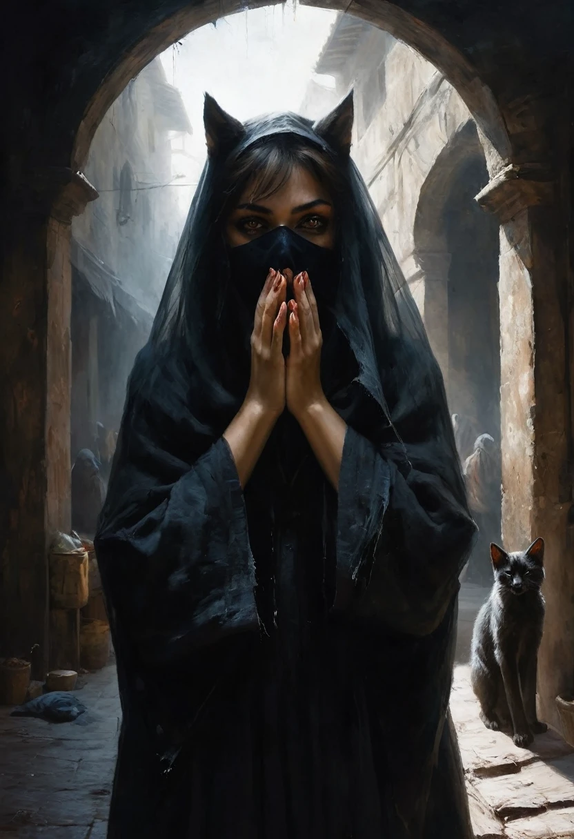 painting of a werewolf girl in the market of the eastern city at noon, hides her face behind a veil, cunning cat-like glowing eyes and long sharp animal claws on hands, dark atmosphere, cinematic scene, volumetric lights, ultra realistic, in the style of nicola samori