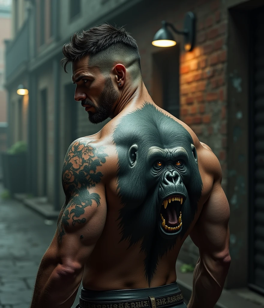 Man with gorilla tattoo on half of his back