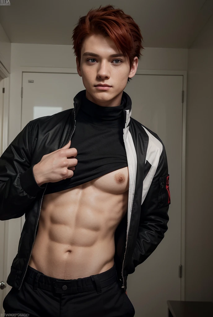 a high school boy, elegant, perfect body, Red hair, short hair, black eyes mullet, expressionless, black shirt, black jacket, cheered up, first person view, my hero academia art style, masterpiece, anatomically correct, High details, High resolution, Best Quality, Super detail, 1080P, NSFW