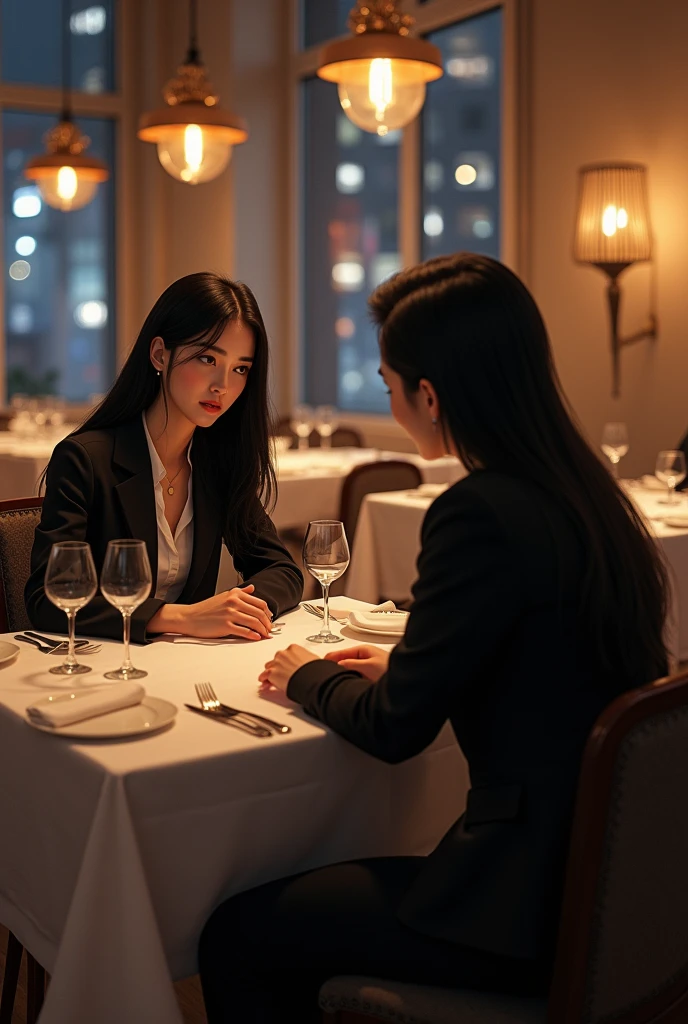 (Photorealism:1.2), Woman with indigenous traits, long hair, smooth and black, body like Paolla Oliveira, 1,60 tall, in business attire, sitting at a table in a restaurant in downtown Seoul talking intimately with Kim Taehyung, vestido in business attire.