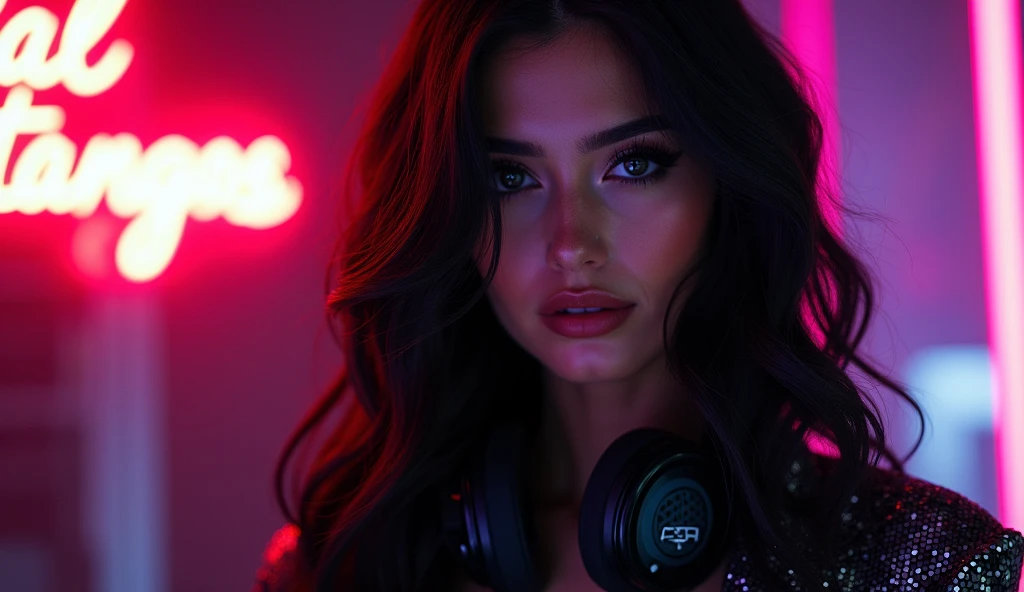 Sexy futuristic DJ WOMAN black wavy hair. Add a discreet neon sign "Vandal Tangos" In the scene.
