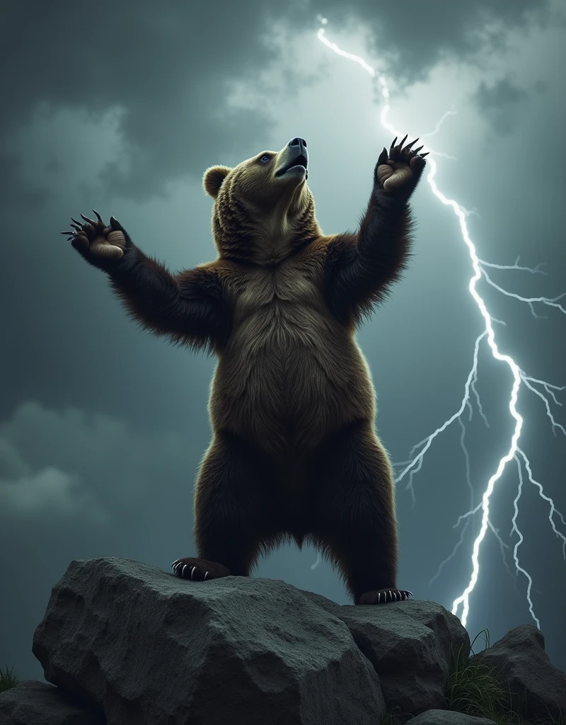 A rock brown bear standing on an uneven stone。A brown bear stretches out its front paws towards the stormy sky,Swinging vigorously in typical rock and roll style。A flash of lightning breaks through the clouds in the background,Adds intensity and rawness to the picture、Exciting atmosphere。The black and white fur of a brown bear contrasts against the grey stormy sky。