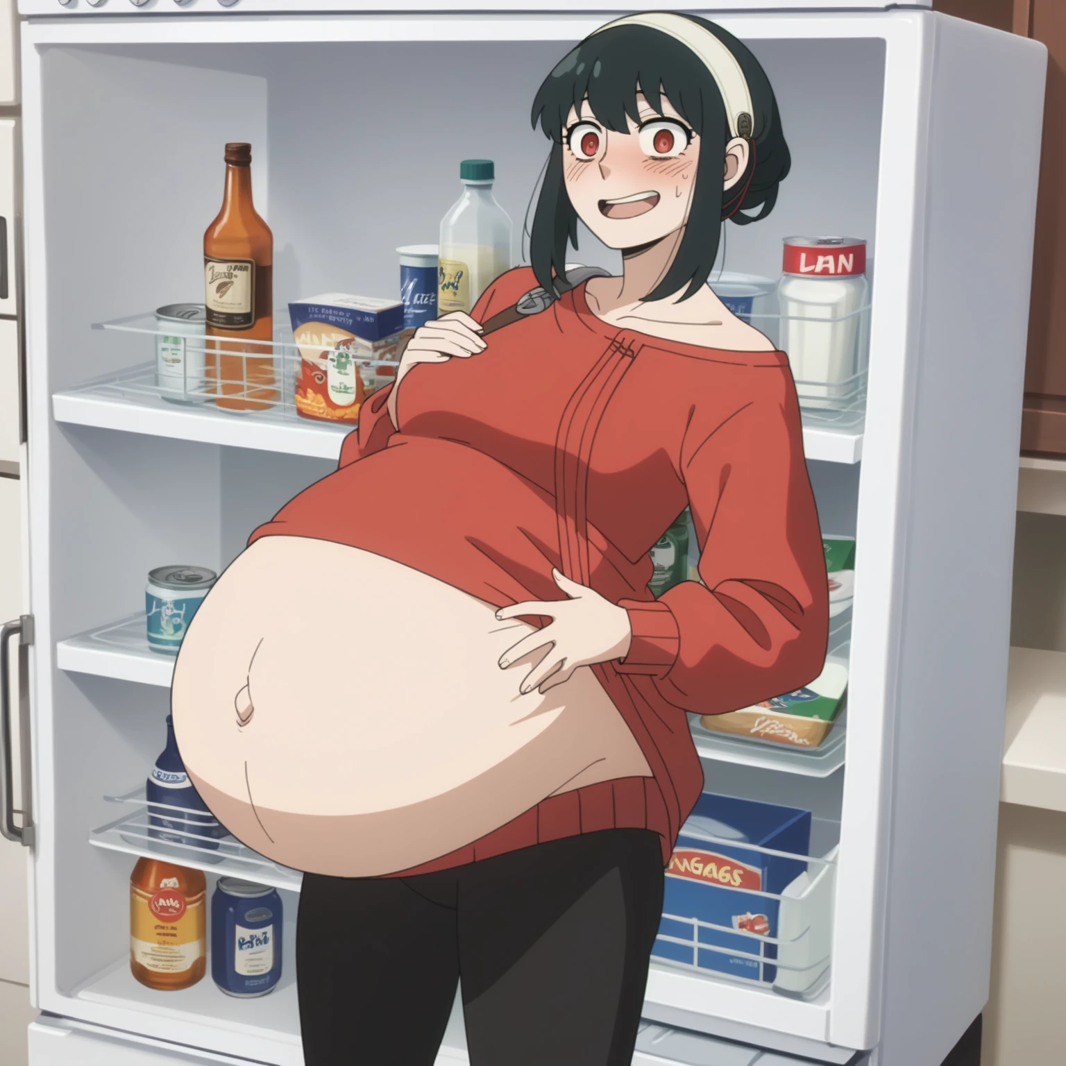 I look at the viewer, One, yorforger,1 girl, ((medium breast)), ((belly stuffed)), ((huge belly)), ((Very drunk)), ((staggers)), black hair, Red eyes, short hair with long strands, white hair band, from the shoulder, ((red sweater)), black tights, ((drank too much)), ((exhausted)), ((excited)), ((in front of the refrigerator)), ((Outdoor refrigerator)), ((lean on the fridge)),