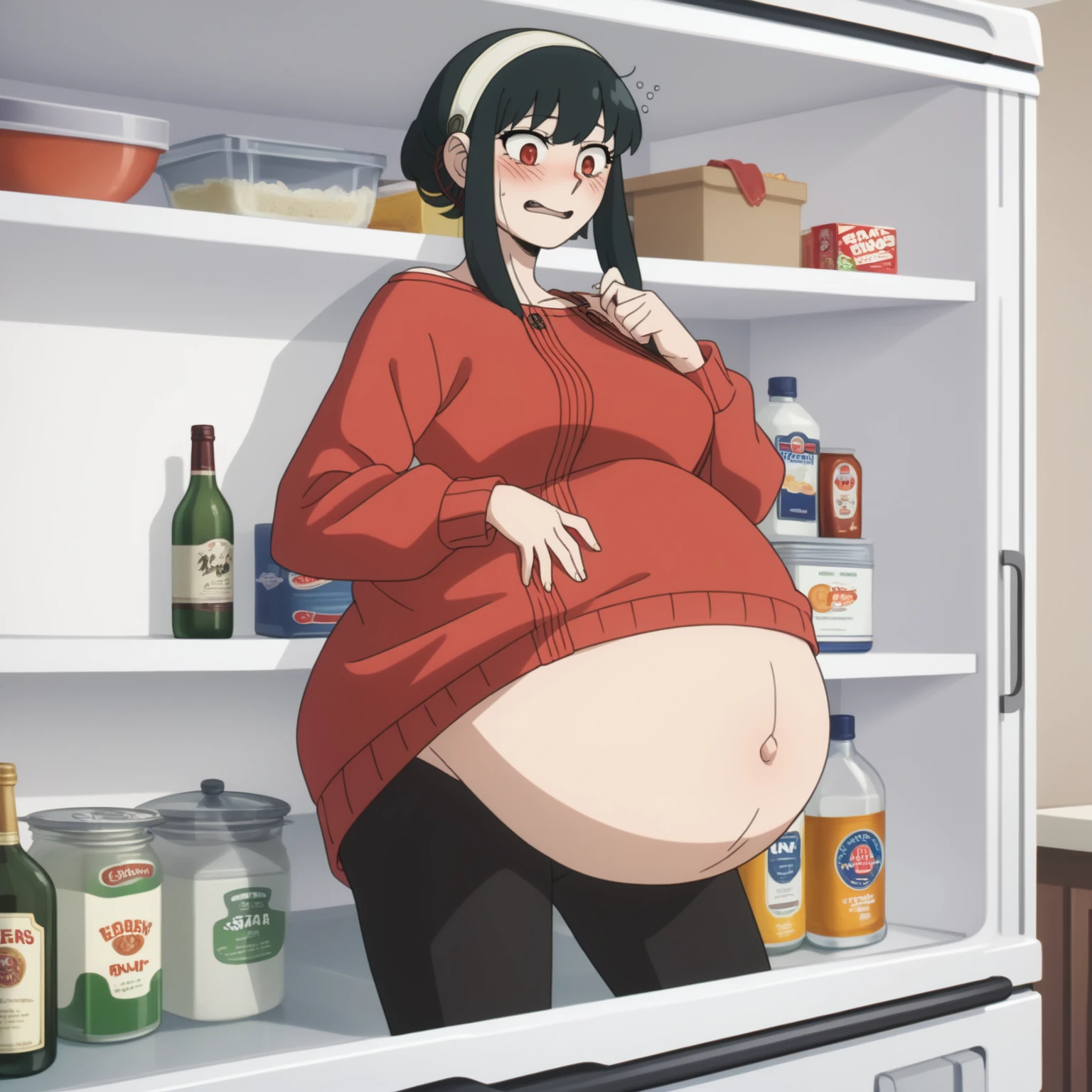 I look at the viewer, One, yorforger,1 girl, ((medium breast)), ((belly stuffed)), ((huge belly)), ((Very drunk)), ((staggers)), black hair, Red eyes, short hair with long strands, white hair band, from the shoulder, ((red sweater)), black tights, ((drank too much)), ((exhausted)), ((excited)), ((in front of the refrigerator)), ((Outdoor refrigerator)), ((lean on the fridge)),