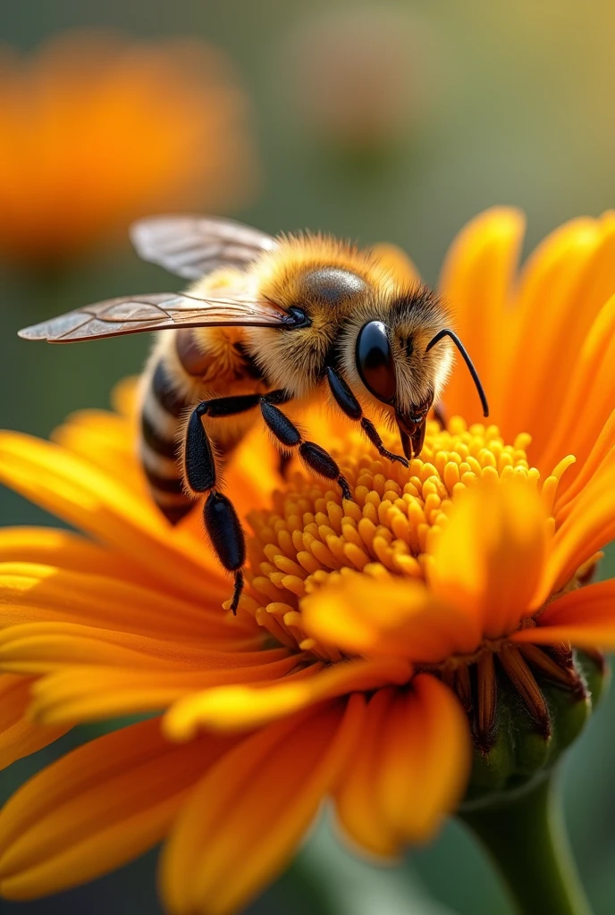 Create a high definition image of a bee collecting pollen from a flower in 4k