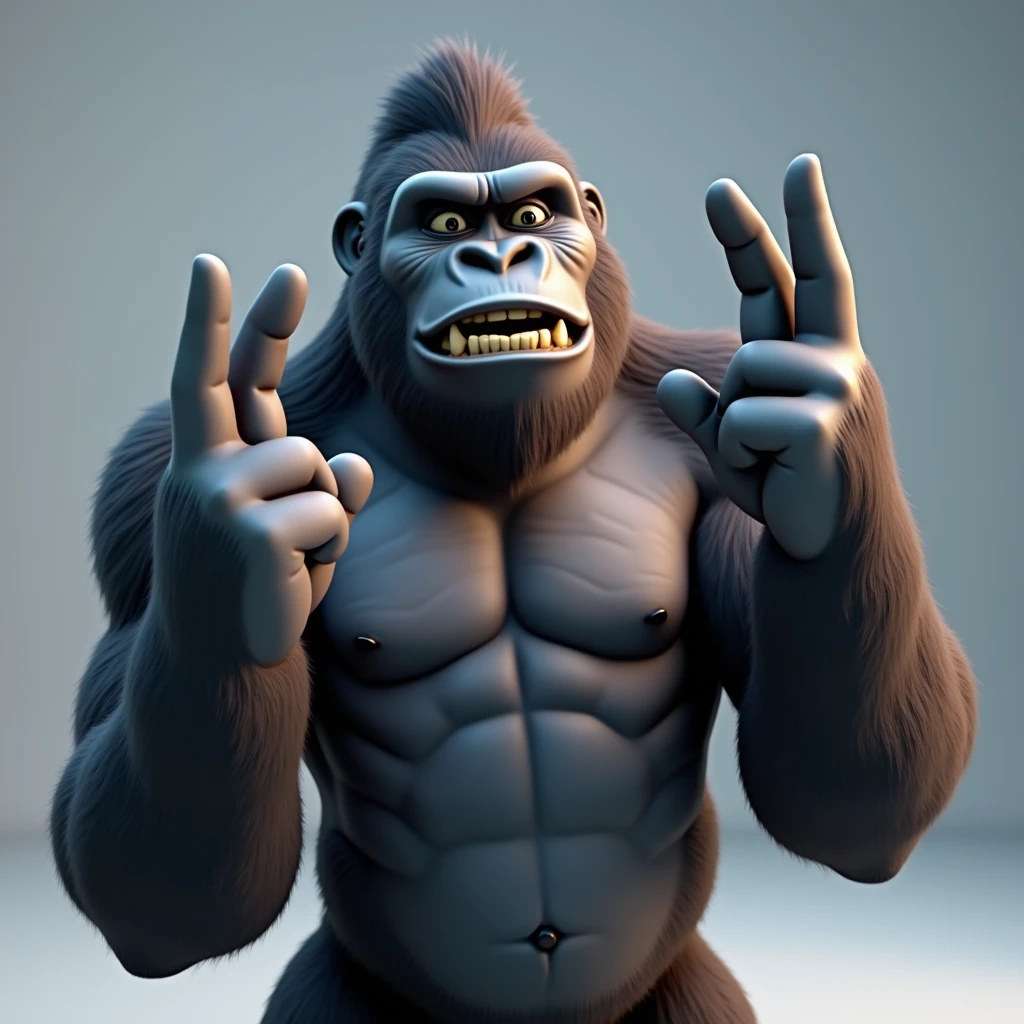 3D Animation、Gorilla holding up three fingers、5 fingers in total、The thumb is bent、The little finger is also bent