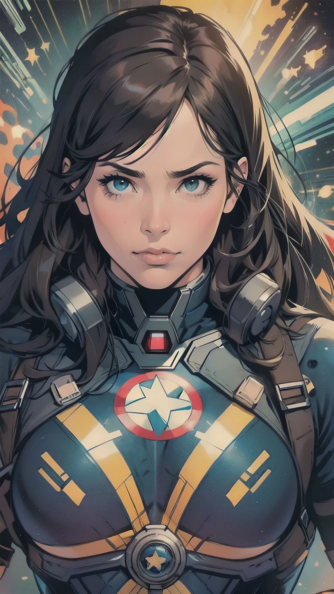 (((ultimate best quality))),((((solo:1.2)))),((((1girl:1.2)))),((((beautiful perfect woman)))),(((detailed perfect body, detailed perfect finger))),((((((ultimate spacethriller movie poster)))))),(((bust up, close up))),(((((American comics))))),(((extreme highlights))),(((Extremely colorful, primary colors))),cleavage, super beautiful lady,(((((typography))))),(((text))),(((((looking up or looking down))))),(((((speech bubble))))),(((((Absolutely simple background))))),(((Texture for people : grunge)))(((((most complecated futristic machine))))),(Colorful color scheme),(((detailed unlimited complete equipment : satellite))),(((marvel super hero's))),(((avengers)))