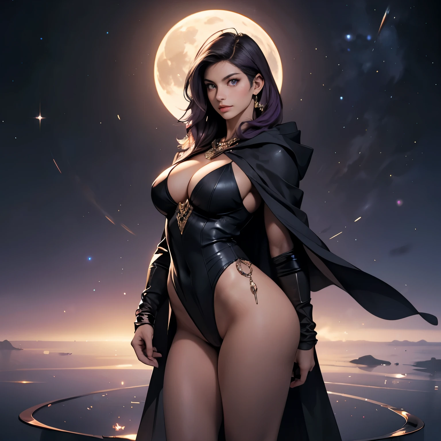 1girl, Pretty Caucasian (female), Sarah Shahi, a slim but muscular body, huge breasts, DC raven costume, black leotard, black cape, hood, purple hair, forehead jewel, purple eyes, short hair, belt, standing, exposed large cleavage, sexy pose, night, moonlight, ((posing)), motion lines, torso, full body, well exposed beautiful thighs, realistic, b&w. outline, elegant, glamorous, reflection, shine, shading, space background,