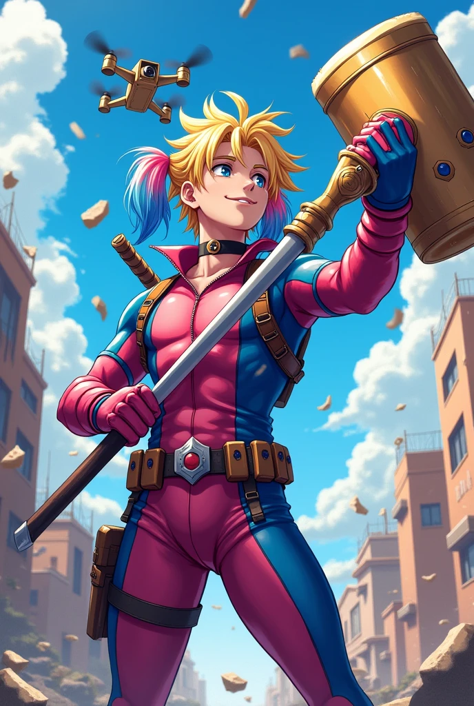 A male teenager, he is the son of Harley Quinn and Deadpool. He has blond hair and his costume is a mix of Harley Quinn's outfit with Deadpool's outfit, but with inverted colors. In other words, he is blue with white. His hair on the left side is dyed vibrant blue and on the right side his hair is dyed hot pink. He holds a large circus hammer. It has a long handle and the hammer is even bigger. It was made to look very circus-like. On his back, he has a sword. He is doing a funny pose taking a picture using a drone. He is in a destruction scenario. Because he has just broken into a warehouse with several criminals and defeated them all. The image has to be in anime.