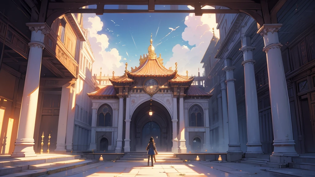((masterpiece)),((Highest quality)),((High Detail)),nobody,background,fantasy, stageの写真あり,There is a clock on it, おとぎ話風のbackground, palaceのbackground, 天国へのstage, 空中に浮かぶpalace, sky bridge, stage, background美術, 楽園のbackground, palace, Fantasy Aesthetics, Entrance to the spirit world, 魔法のbackground, Beautiful peaceful scenes in anime