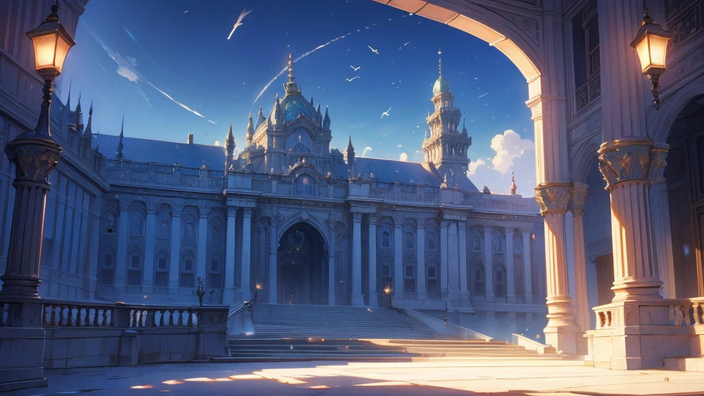 ((masterpiece)),((Highest quality)),((High Detail)),nobody,background,fantasy, stageの写真あり，There is a clock on it, おとぎ話風のbackground, palaceのbackground, 天国へのstage,  空中に浮かぶpalace, sky bridge, stage, background美術, 楽園のbackground, palace, Fantasy Aesthetics, Entrance to the spirit world, 魔法のbackground, Beautiful peaceful scenes in anime